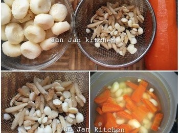 step1: 麥冬、南北杏略浸洗，甘荀去皮切片，馬蹄去皮略拍。所有材料加入水，水滾後大火煲10分鐘，收小火煲20-30分鐘即可。有需要可最後加入冰糖融化才飲用，不下可省。