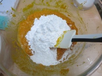 step4: 木薯粉+糯米粉+鹽加入南瓜泥攪拌成團
因為每一個南瓜的水份都不同，如果先前份量的粉類不足以拌為粉團
可以小匙逐少加入糯米粉，每4小匙糯米粉要再加1小匙的木薯粉
加太多的話，要多加一點點糖粉增加甜味
* 其實不同加很多的，不用太擔心