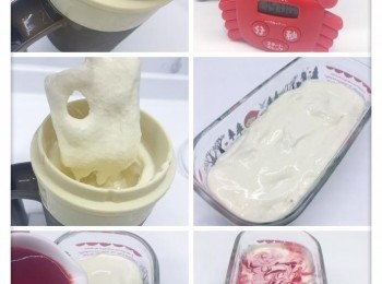 step2: 4.將已攪勻的雪糕醬倒入雪糕膽內攪拌15-20分鐘
5.攪拌完全後倒入另一容器有儲存
6.加入紅桑子雪泥，輕輕畫出花紋則可放入冰格冷藏至喜歡的硬度