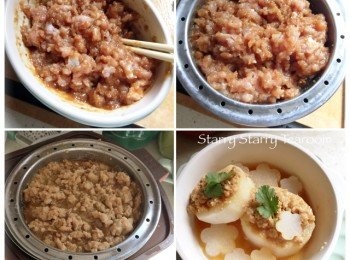 step5: 用肉<span class="group_2">味噌醬</span>和豬絞肉拌勻，放在小飯煲的蒸架上。用基本模式煮60分鐘，再慢煮30分鐘，直至蘿蔔變軟身，便完成。