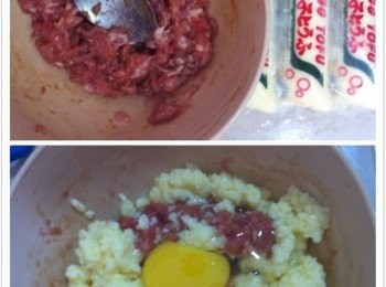 step1: 將所有材料混合肉碎，充分的攪拌至起膠，有粘性。