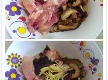 step1: 將雞洗淨剁塊，香菇提早泡軟切片待用~