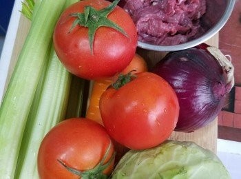 step1: 先準備材料：
蕃茄西芹切粒，紅蘿蔔切段，椰菜洋蔥切絲。牛展肉切大粒或片都可。