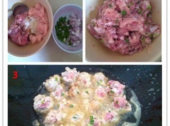 step3: 3取出鍋加入適量的食油，油熱，用手《或湯匙》將腌製好的洋蔥肉丸搓成圓形，一粒粒的下鍋油炸至金黃色。
4然後盛起吸乾油分即可。