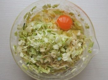 step3: 將高麗菜及蔥末再打入一顆雞蛋加入麵糊裡,混合均勻。可同時加入個人喜歡的<span class="group_1">食材</span>。