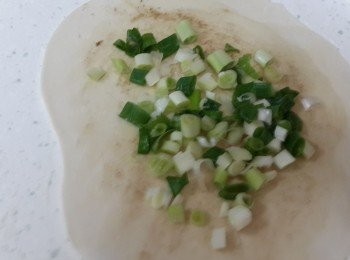 step4: 取一小麵糰擀成圓餅薄狀~在餅皮上抹上油胡椒粉鹽,並灑上適量的蔥末