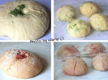 step4: 在《南瓜麵糰》中倒進少許《抹茶粉》
在《可可麵糰》中倒進少許《紅麴粉》
分別用手將粉末揉進麵糰中
不需要把顏色揉得太均勻
因為就是想藉以做出深淺不規則的紋路來。

揉出來的《南瓜抹茶麵糰》和《可可紅麴麵糰》
蓋上保鮮膜靜置 20 分鐘 讓麵糰鬆弛。