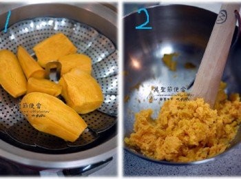 step4: 仿南瓜地瓜泥做法：
1.地瓜去皮蒸熟後
2.壓成泥後加入少許牛奶拌勻