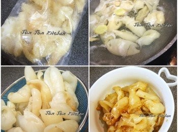 step2: 白鑊炒香芝麻備用。調味料先調和及試味，再拌入芝麻。取出花膠仔與涼拌汁調和即可享用。如略嫌大件，可略剪細。