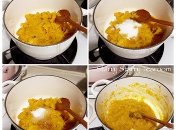 step1: 將蒸好的南瓜肉壓成茸，加入麥芽糖、砂糖和食油，小火慢煮，直至心目中的稠度，便可熄火。