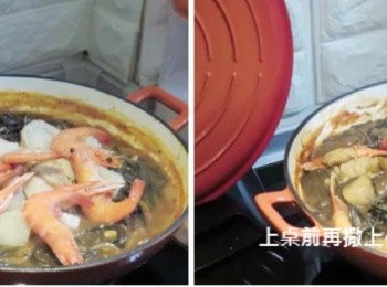 step4: 待剩下3分鐘左右時擺入所有海鮮，再次拌勻並收汁 完成前再撒上酌量帕瑪森起士粉即可(沒有一樣可省略)