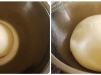step6: 放入鋼盆內蓋上保鮮膜,發酵至兩倍大 (烤箱有發酵功能的就送進烤箱發酵,沒有的話,就在烤箱內放一碗熱水,只是要記得,碗中的溫度,冬天內可以隨時更換)