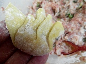 step2: 2、雲吞皮放上肉餡，包成雲吞即可。