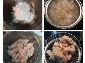 step2: 油鍋加熱到180度(丟粉下去會馬上浮起)。 舀木薯粉(或地瓜粉)進<span class="group_2">醃魚</span>柳中抓勻，逐塊下油鍋炸，全程用大火，直到魚塊浮起，外表酥脆略帶淺黃色即可撈起備用。