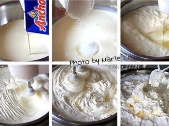 step6: 材料《C》打發鮮奶油：

將動物性鮮奶油加上細砂糖放進工作鋼盆中
將方才泡吉利丁的冰塊水拿來墊在鋼盆底下
打蛋器以低速慢慢將鮮奶油打至九分發
即打蛋器拿起來會看到奶油尾端挺立的程度。

※要讓鮮奶油能隔著冰塊水打發
裝著冰塊水的鍋子就一定要比工作鋼盆來得大唷。