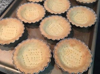 step5: 在壓好的塔皮裡用叉子戳幾個氣孔，放冷藏5分鐘，烤箱預熱到160-170，烤15分鐘後拿出調頭再烤5分鐘即可.塔皮表面呈金黃便可取出後放涼脫模。