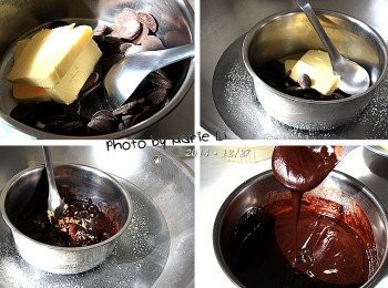 step2: 將苦甜巧克力和無鹽奶油放進一只小鍋中
取一只大鍋燒熱水溫在約為 攝氏50度 左右

我是在炒菜鍋中加水燒至水中冒出泡泡
即以中間小火維持溫度
然後將裝有巧克力和奶油的小鍋
放進大鍋中以隔水加熱的方式
將巧克力與奶油混為均勻的巧克力醬

※最好使用時再移出小鍋以免遇冷巧克力容易結塊。