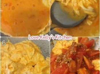 step3: 熱油鑊後，炒熟肉碎先盛起，再用回此鑊炒蕃茄件，將肉碎回鑊加少許水、茄汁和糖兜均先盛起備用；