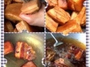 step1: 花肉放在滚水里大火煮20分钟，取出，然后放进冷水里浸泡至冷卻，拿起外皮抹干水分然后刺上小洞洞，再涂上酱油和黑酱油，放进热油里以中火炸香之金黄色（皮朝下），取出，马上泡进冰水里大概20分钟，瀝水，切厚片～