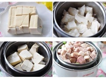 step3: 另外再準備一塊家常豆腐切片，放入我的大同小Q鍋，底層放苦瓜片、中層放入加長豆腐(剩餘<span class="group_1">食材</span>利用)、最上層則放入芋頭丁及蔥段，外鍋放1量杯水(芋頭千萬不要放在最下層，容易燒焦)