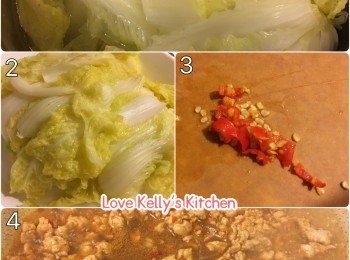 step1: 水滾(加少許油鹽糖)和薑，放入娃娃菜烚至熟，盛起在碟上備用；