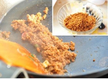 step3: 先以無鹽奶油加熱後，放入泡少許水的豆酥入鍋炒香盛起備用