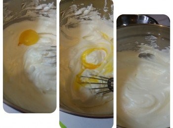 step5: 續隻蛋黃加入蛋白霜拌勻，最後完成帶微黃色的蛋白霜