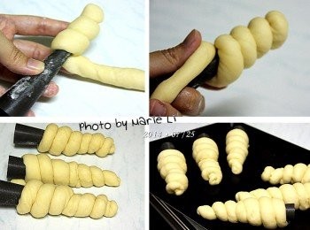 step7: 把搓成長條狀的麵糰捲在螺管上
將尾端壓在底部
抓出間隔擺上烤盤上做最後發酵

約讓它發酵一個小時左右‧‧‧