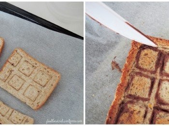 step5: 预热烤箱在 180度，烘烤8-10分钟至面包的周边呈现金黄色。之后，用小刀沾上巧克力酱然后涂抹在方格线上。