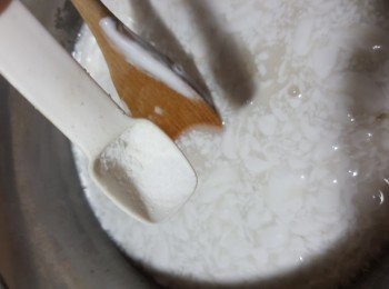 step5: 加入1/8茶匙鹽拌勻(煮椰汁落1/8茶匙鹽作用是令到椰汁更香帶出椰汁味)