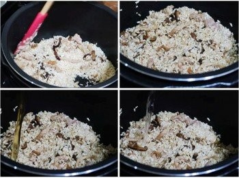 step4: 然後內鍋加入預留的香菇水(米杯1杯)
開水(米杯3/4杯)稍為整平即可蓋上鍋蓋