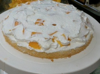 step8: 把甜忌廉打至企身。先在第一片蛋糕面上平均塗上甜忌廉，放上鮮果粒再塗上甜忌廉然後疊上另外一片蛋糕如此類推。把蛋糕冷藏至冰凍便可。