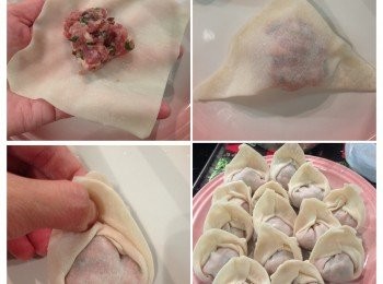 step3: 取一餛飩皮，將適量餡料放在皮中間，四周沾點水之後，對折，左右兩端拉上在中間重疊，沾少許水捏緊就成手，將餡料包完為止。