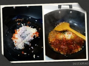 step1: 先用熱油爆香蒜頭，指天椒及乾蔥碎。聞到供鼻嘅辣味，加【<span class="group_2">辣汁</span>】，爆香至滾。