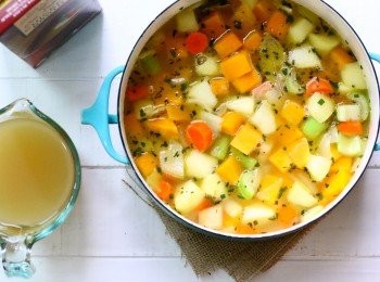 step3: 加入雞高湯與飲用水，煮滾後轉小火，加蓋悶煮15分鐘至蔬菜柔軟入味