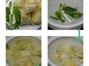 step5: 將酸白菜切塊，蔥切段，薑片兩片準備好，先將蔥段與片片爆香，再加入酸白快炒一下，加入約2000C.C.的水煮開，煮開後試一下湯頭，再酌量加入酸白菜湯汁與鹽調味，湯頭就完成囉!