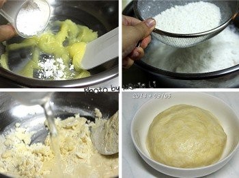 step1: 準備《油皮》材料：(做12個)

中筋麵粉：        160g
糖粉：             20g
無水奶油：         60g
冷水：             90g


先將糖粉和無水奶油一起拌勻
再加入過篩後的中筋麵粉捏拌成鬆散狀
倒入冷水快速捏合成糰即可
不要過度揉搓避免麵粉產生筋性而影響口感
這個油皮麵糰原本就是濕濕軟軟的
捏合成無粉粒狀態
用保鮮膜密封起來室溫靜置 30分鐘