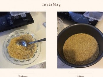 step1: 消化餅放入保鮮袋用麵粉棍壓粉至粉狀，
混合無鹽牛油溶液，倒入餅模，用匙羹壓至平均的厚薄，放入雪櫃雪30分鐘至定。