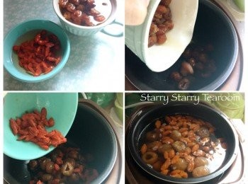 step1: 將桂圓和杞子沖洗乾淨，用清水泡2分鐘，倒掉後再沖洗，放進小飯煲，加進清水，用基本模式煮40分鐘。