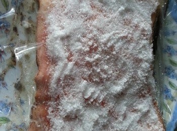 step6: 當豬皮抽水份1晚後,第二日臨要光波,早4-5個鐘時,將豬皮舖上一層鹽(要有足夠鹽,不要太多或太少,鹽用粗或幼亦可以)再放回雪櫃繼續抽乾豬皮水份(將豬皮抽乾水份是會令到皮脆,但落鹽太長時間又會令皮太咸)