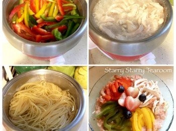 step5: 將所有材料，分批放入小電鍋灼熟。然後煮意粉大約十分鐘，撈起瀝乾水份。將它們在大碟上排好，再淋上醬汁，便完成。