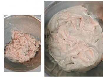 step7: 再加入牛奶及鮮奶油壓打到呈細膩口感便可用濾網過濾出較粗的纖維。