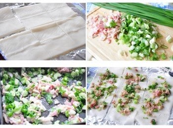 step1: 先將買來的粿仔片切成長方狀，並準備培根末與蔥花放入鍋爆香拌炒，鋪在切割好的粿仔片，灑上適量的義大利香料