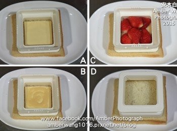 step2: 盤子上放上一片白吐司，依序舖上起司片(圖A)，擠上一層煉奶(圖B)，舖滿香莓(圖C)，再放上另一片白吐司片(圖D)，接著用吐司壓模切除吐司邊。