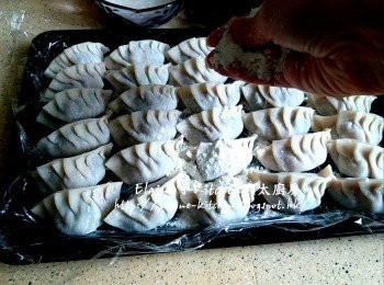 step11: 餃子面再灑上麵粉 , 蓋上保鮮紙入冰箱冷藏30分鐘