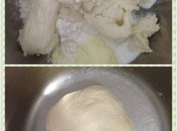 step3: 將發好的中種麵團與主麵團材料放入盤中，搓揉約10分鐘成為一個不黏手的麵團。