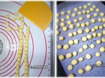 step4: 5 把麵團搓成長條狀後，依自己喜好切成小段
6 搓成圓型後，放在墊有烘焙紙的烤盤上。170度 烤15分
