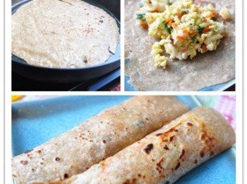 step3: 接著將蛋餅皮放入鍋中小火慢煎至兩面小小焦酥即可起鍋，將餅皮放置盤中，將圖2炒好的菇菇放入，再輕輕的捲起長條狀，用刀子切成一小小捲