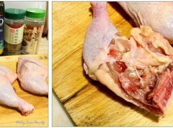 step1: 首先要將雞腿洗淨之後，以乾淨的紙巾將多餘的水份擦拭乾淨 之後要將雞腿的正背面以菜刀劃幾刀來切斷筋線，才可以讓醃料更快入味。 先在雞腿的兩面灑入適量的岩鹽先進行簡單的調味