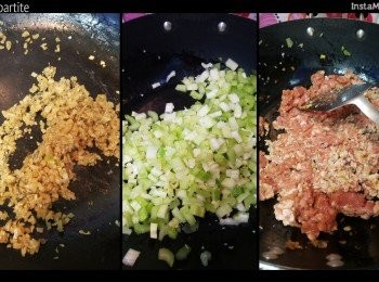 step3: 先炒梅菜。白鑊炒香，盛起。
再落油，加入蒜茸，加西芹粒及半茶匙鹽，炒到近透明狀盛起。
再落少許油，爆梅頭。開大火，用鑊鏟不停炒鬆肉碎，避免一舊舊。